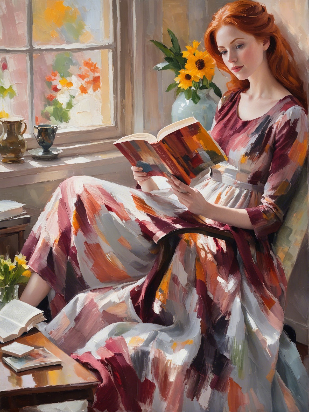 Elegant Red-Haired Woman Reading in Impasto Oil Painting