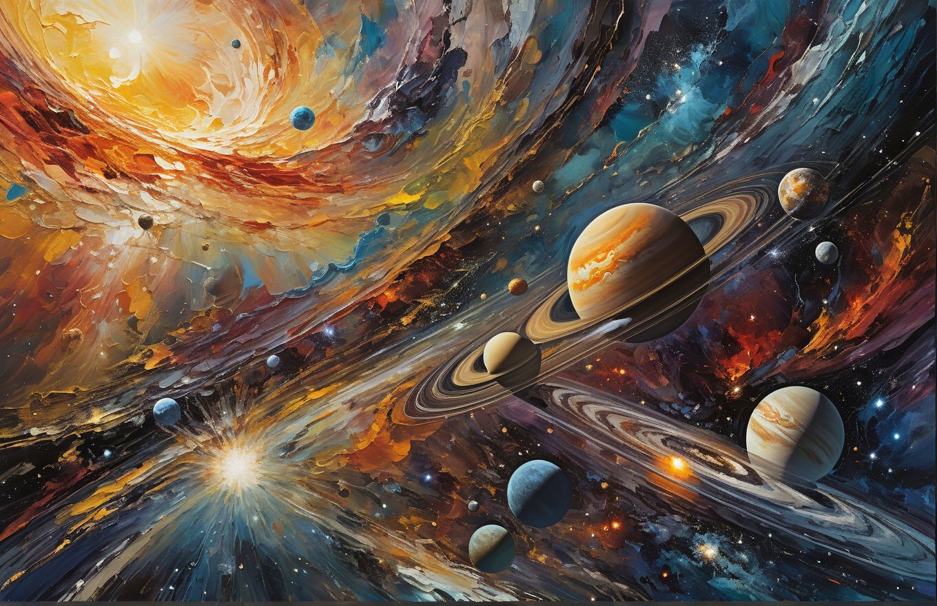 Vibrant Cosmic Scene with Swirling Galaxy and Planets