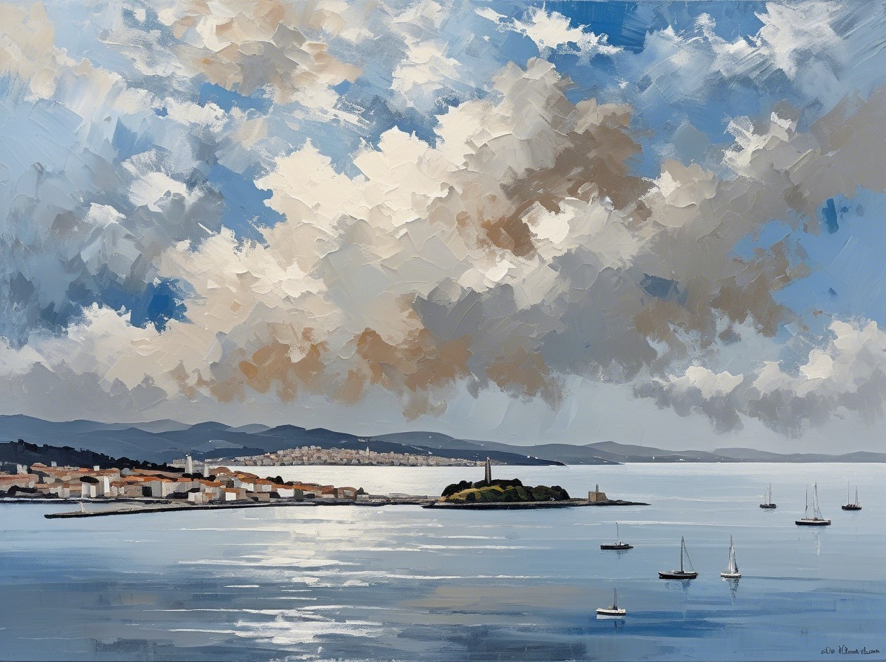 Serene Coastal Harbor with Sailboats and Lighthouse