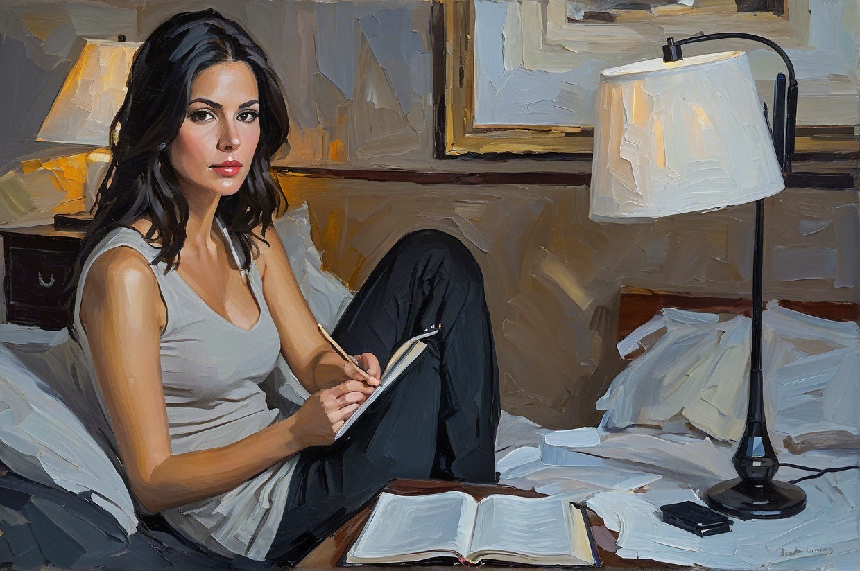 Woman Writing in Notebook on Bed with Warm Lighting
