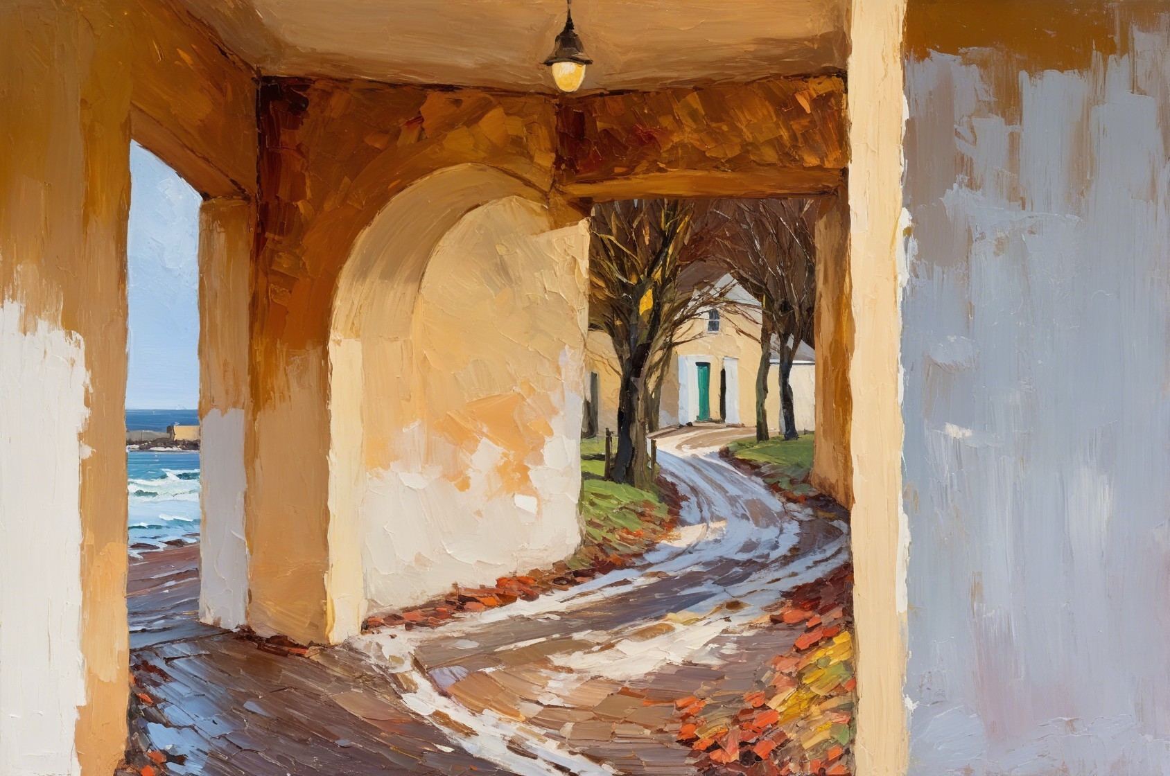 Textured Oil Painting of Archway Overlooking Ocean