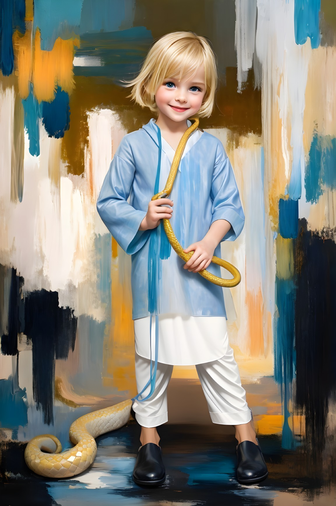 Child with blonde hair and yellow snake in colorful setting