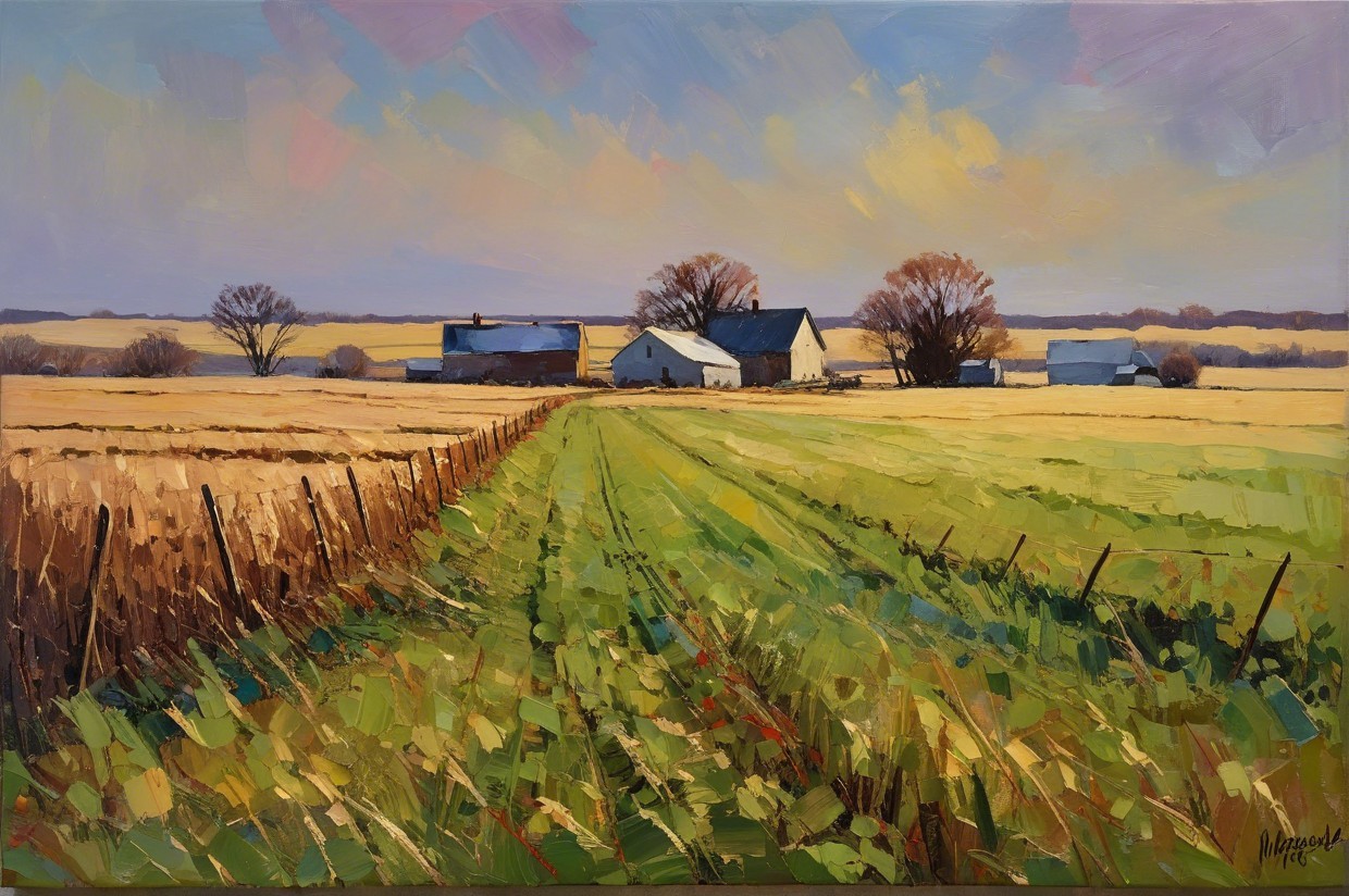 Vibrant Landscape Painting of Serene Countryside Scene