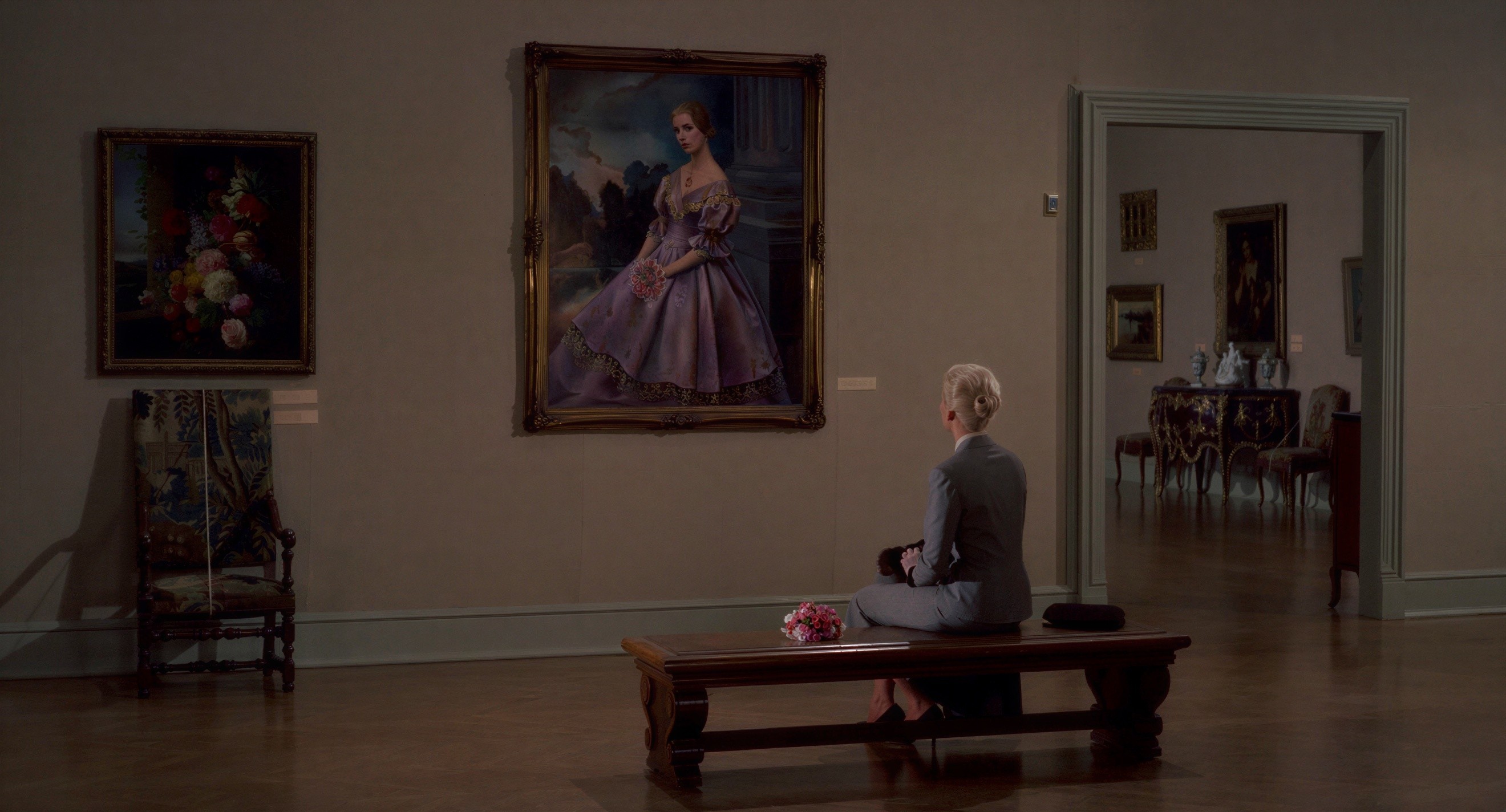 Woman Contemplating Large Painting in Art Gallery