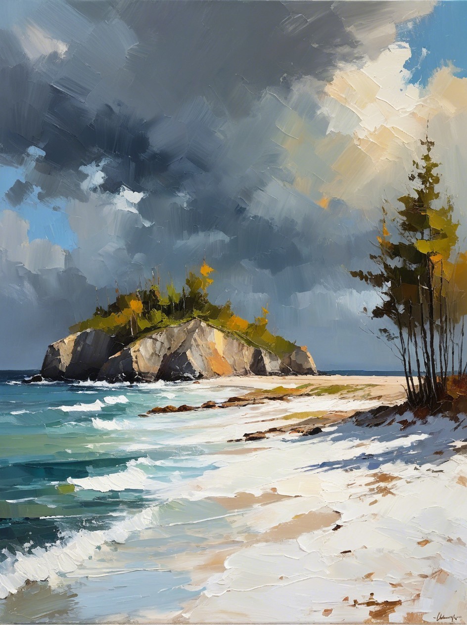 Serene Coastal Landscape with Autumn Colors and Waves