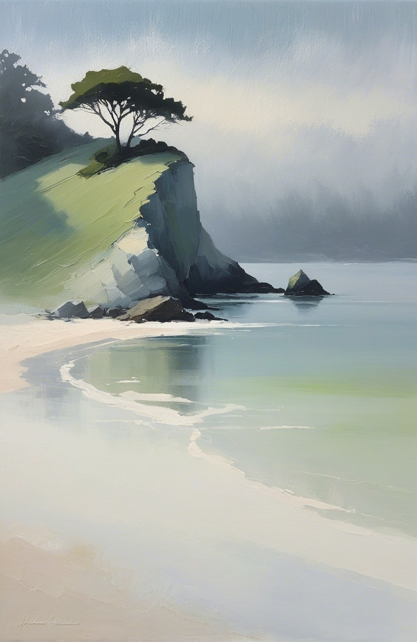 Coastal Scene with Tree Overlooking Misty Shoreline