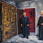 Judicial Figures in Hallway with Contrasting Doors