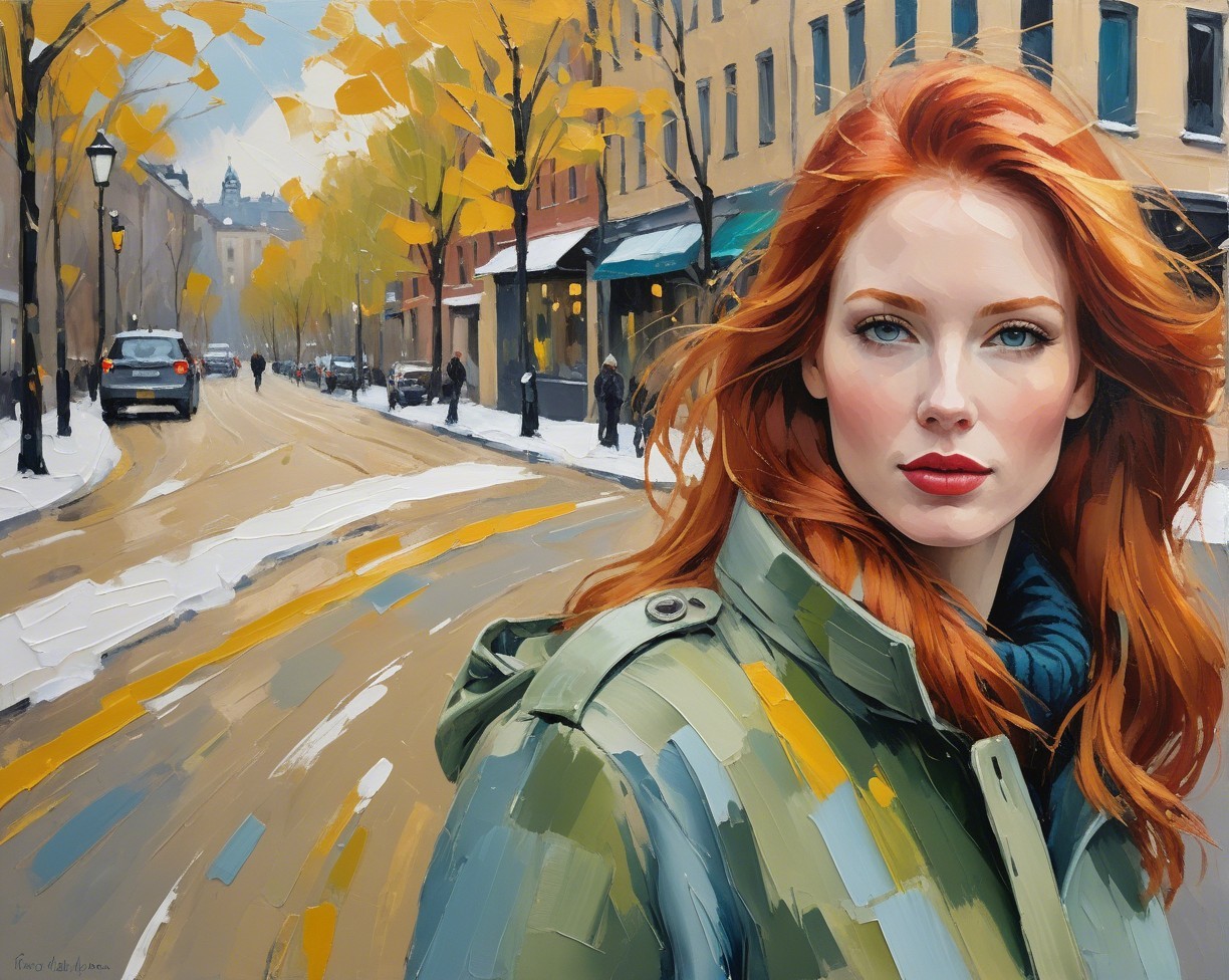 Young Woman in Green Coat on Autumn Street Scene