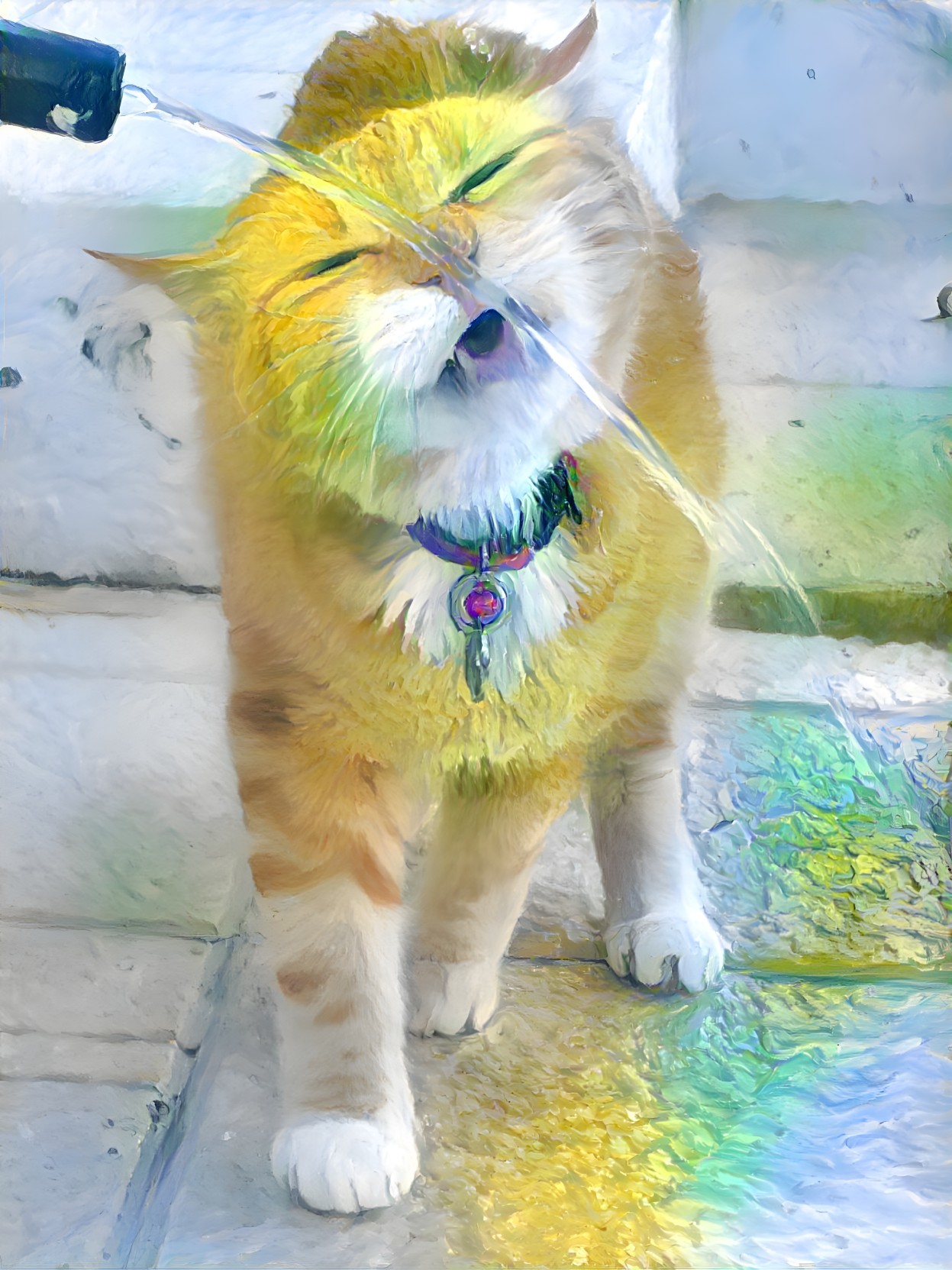 Fluffy Orange Cat Enjoys Water Spray on Stone Steps