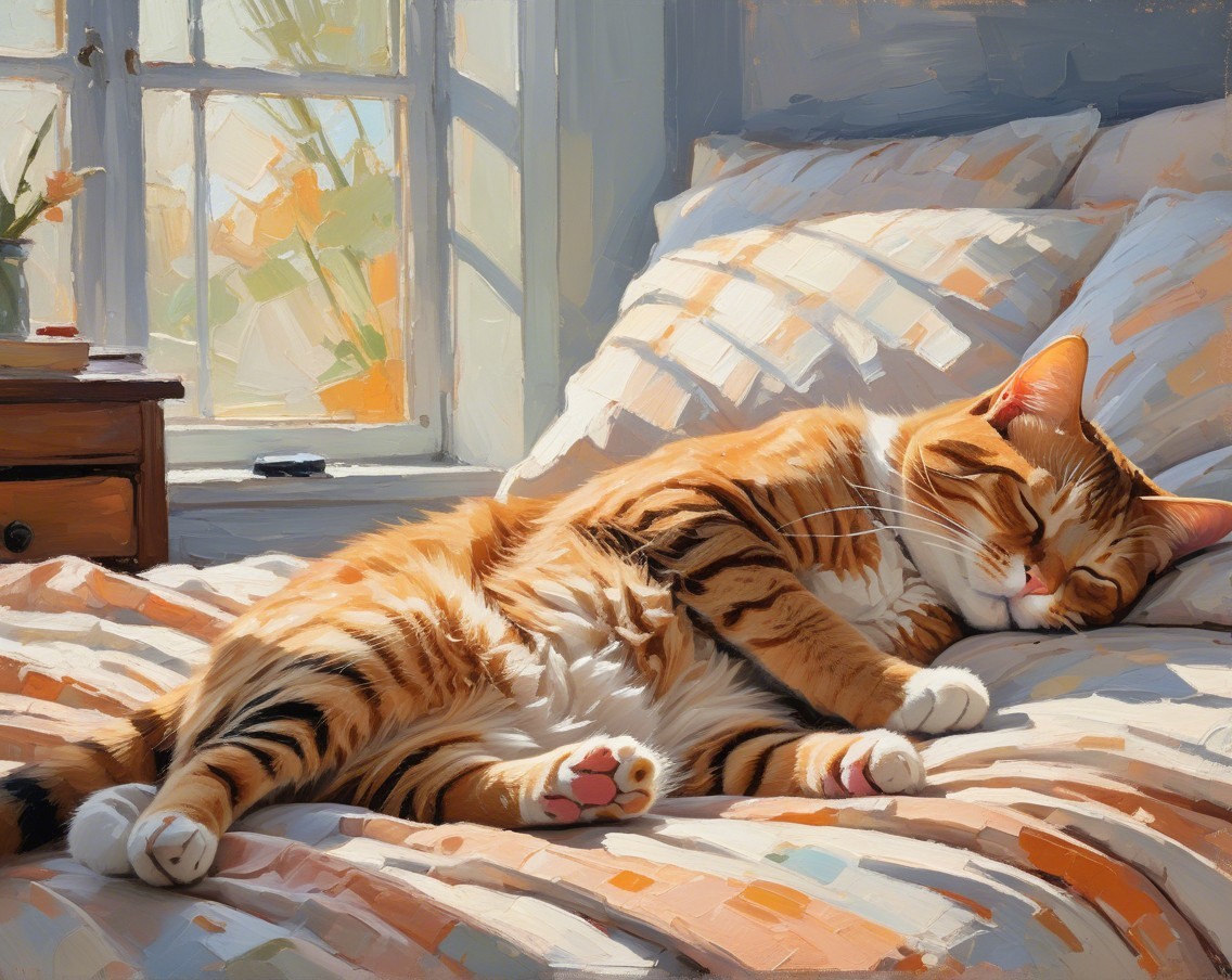 Sleeping Orange Tabby Cat on Sunlit Bed