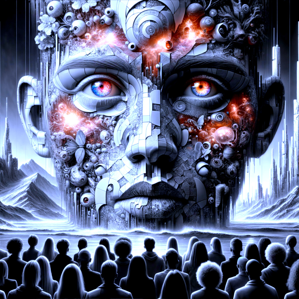 Abstract Face Sculpture with Glowing Eyes and Crowd