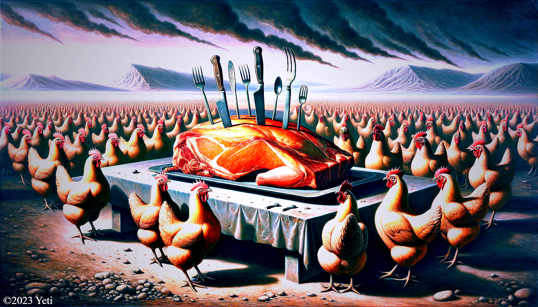 Surreal artwork: Chickens around giant roasted turkey plate