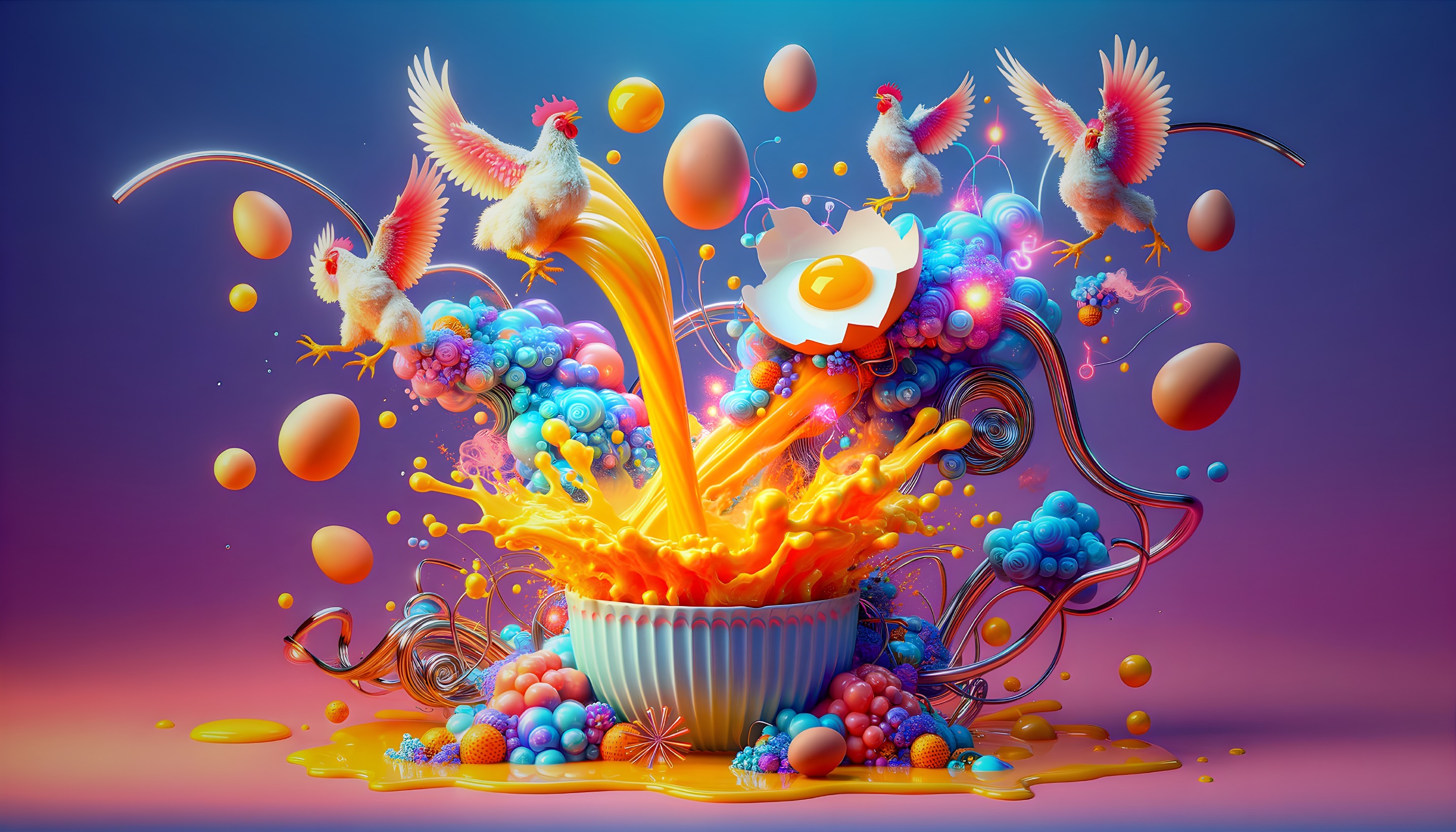 Colorful digital art: squirrels, birds, eggs in whimsical scene