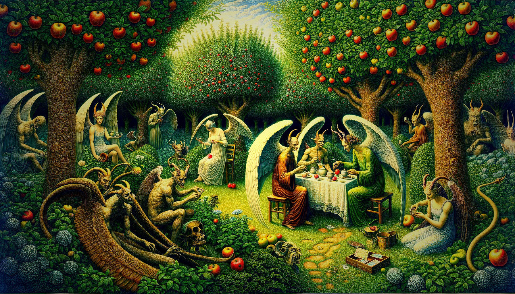 Colorful garden scene with anthropomorphic animals and whimsical figures among apple trees