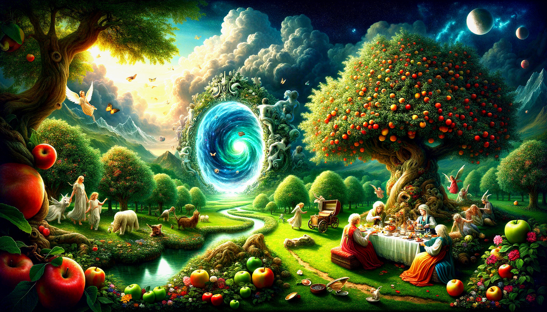 Fantastical landscape with blue portal, apple trees, dining people, and vivid sky