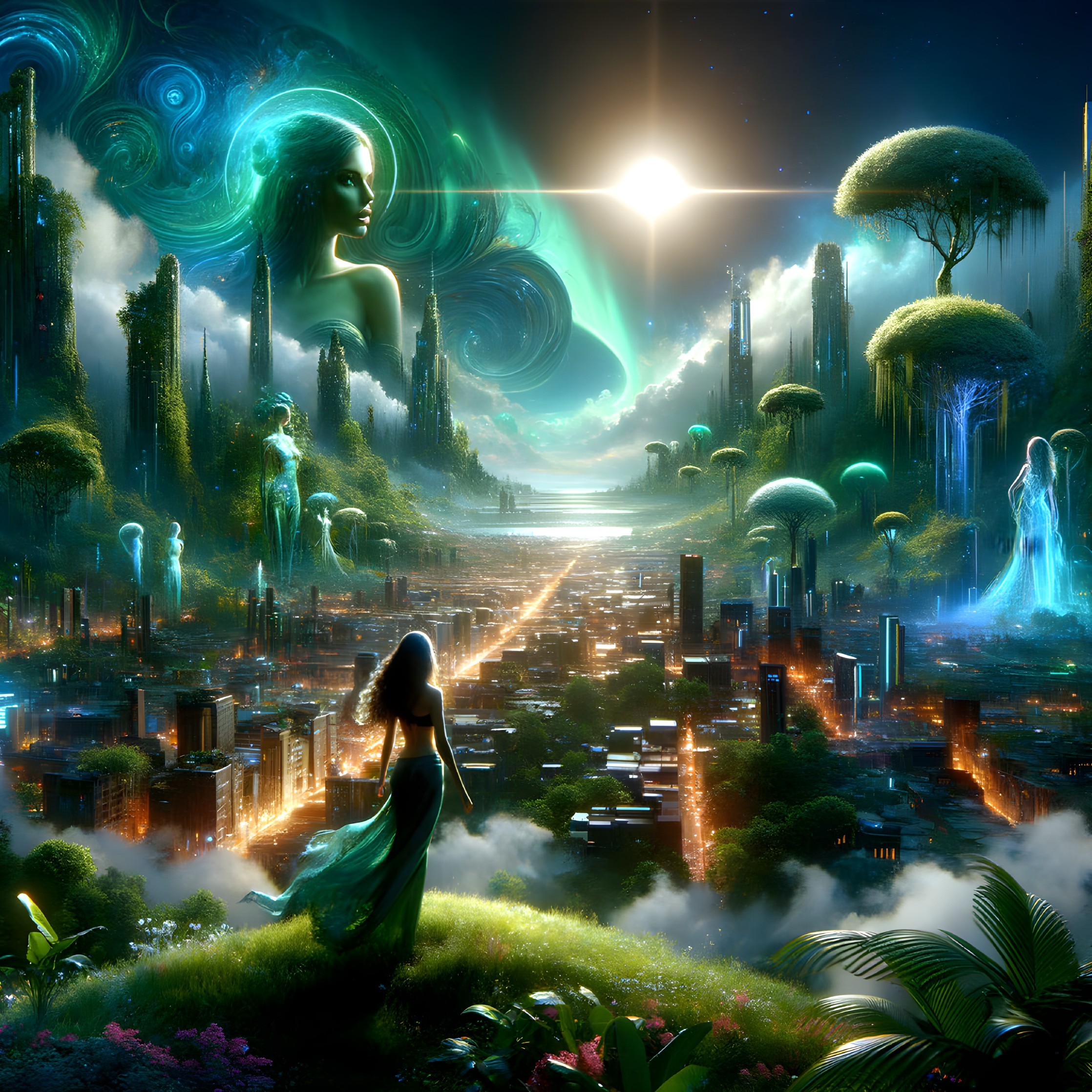 Futuristic cityscape with giant ethereal face and figure in green dress