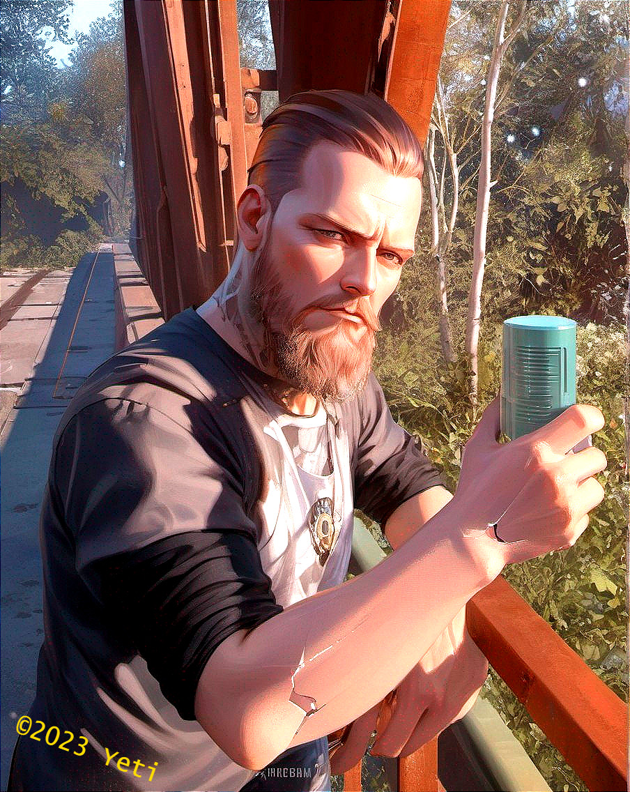 Digital artwork of bearded man with can on bridge & trees