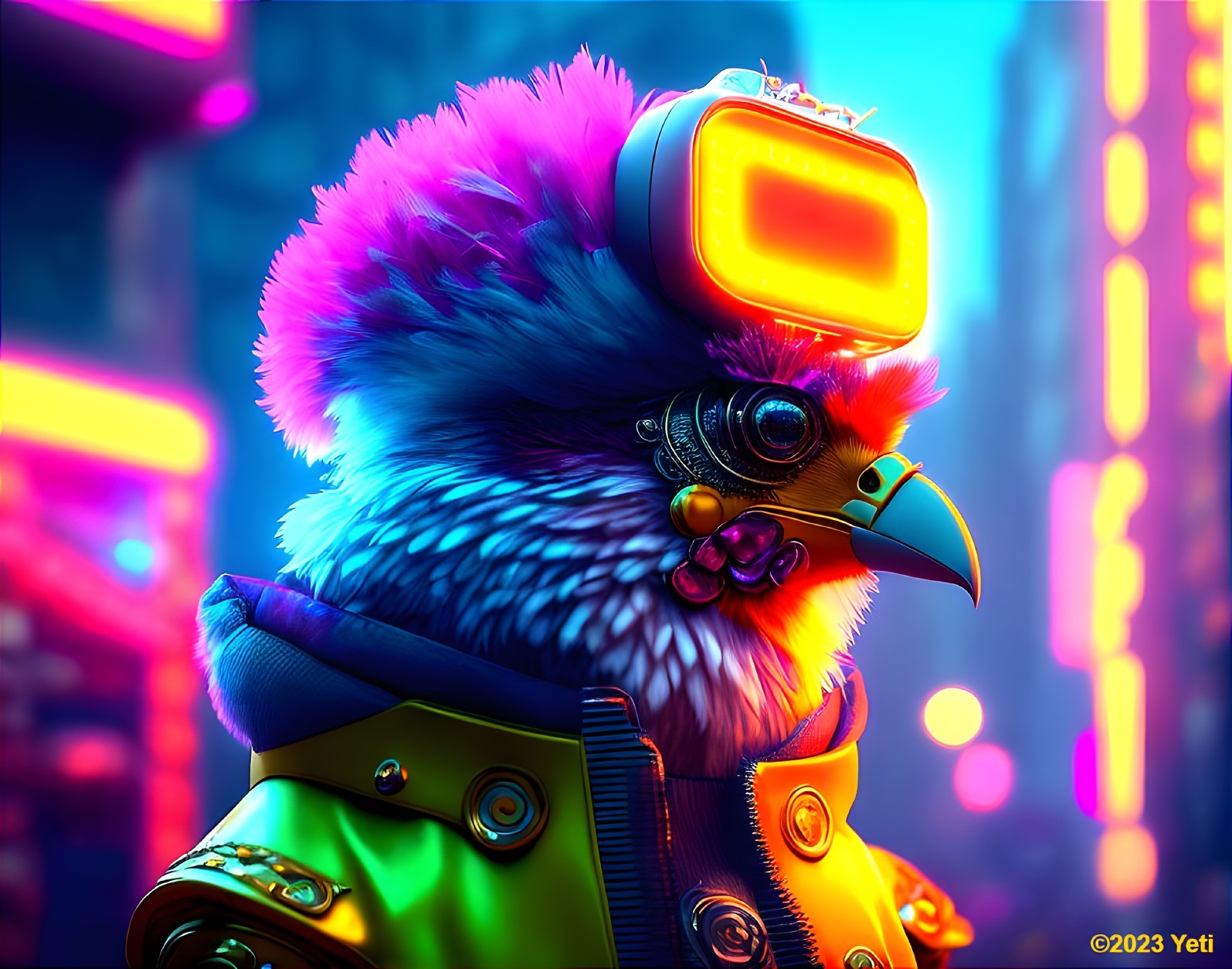 Colorful Cyberpunk Bird with Yellow Beak and TV Head in Neon Cityscape