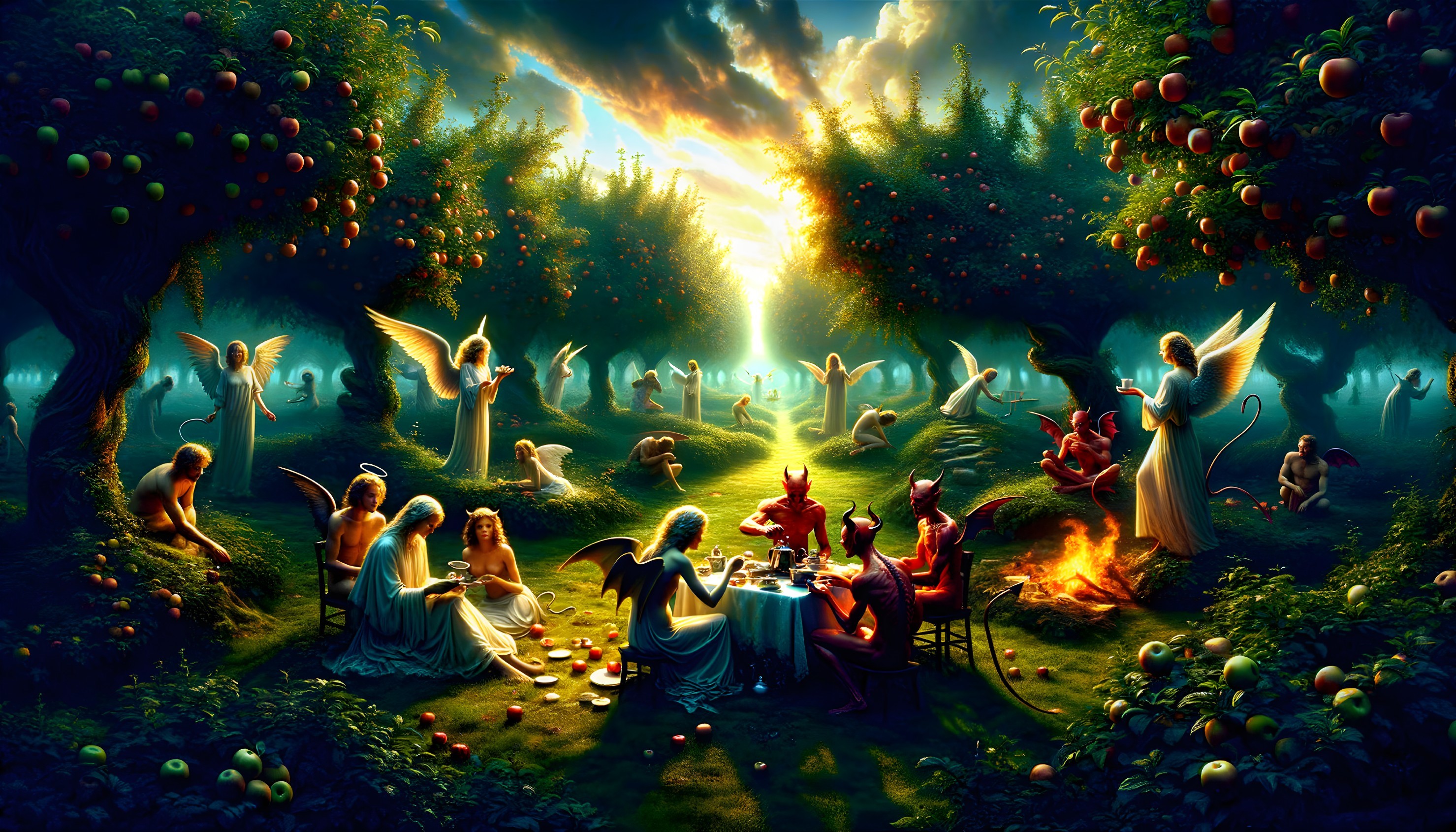 Angels in lush garden playing instruments under sunlit sky