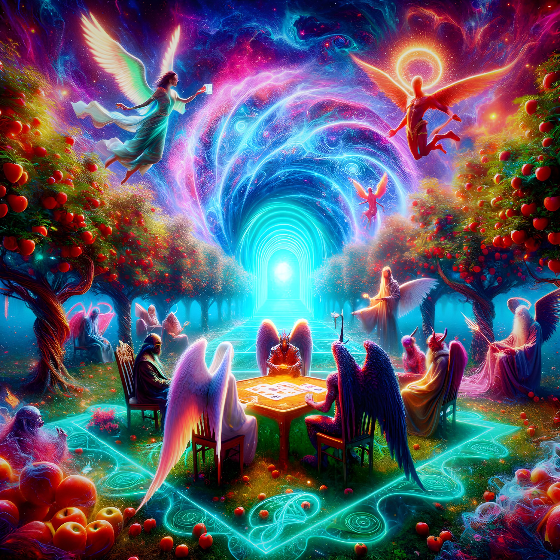 Celestial beings with wings in mystical garden under cosmic sky