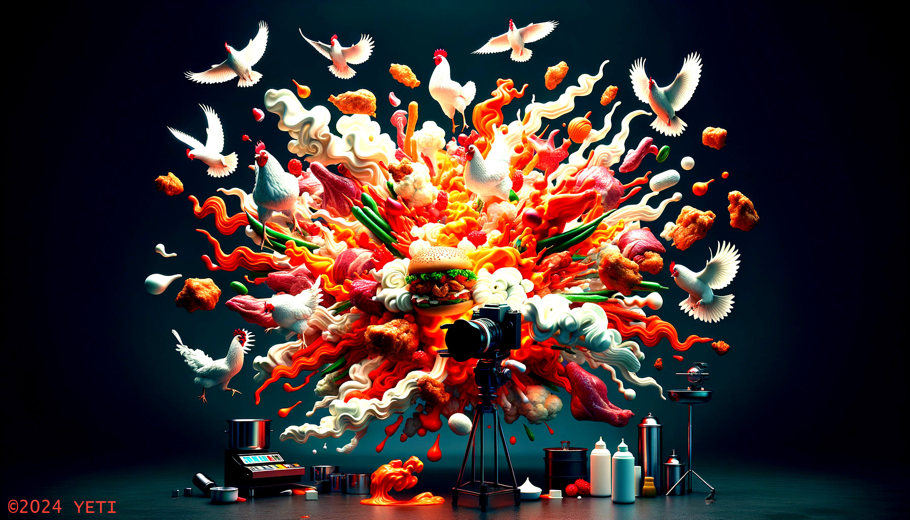 Colorful Explosion of Hamburger and Artistic Elements