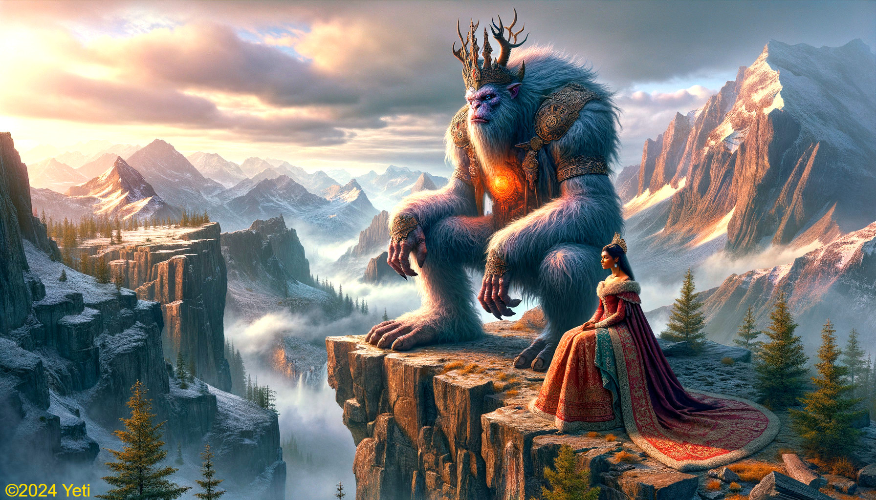 Giant ape-like fantasy creature and woman on mountain at sunset