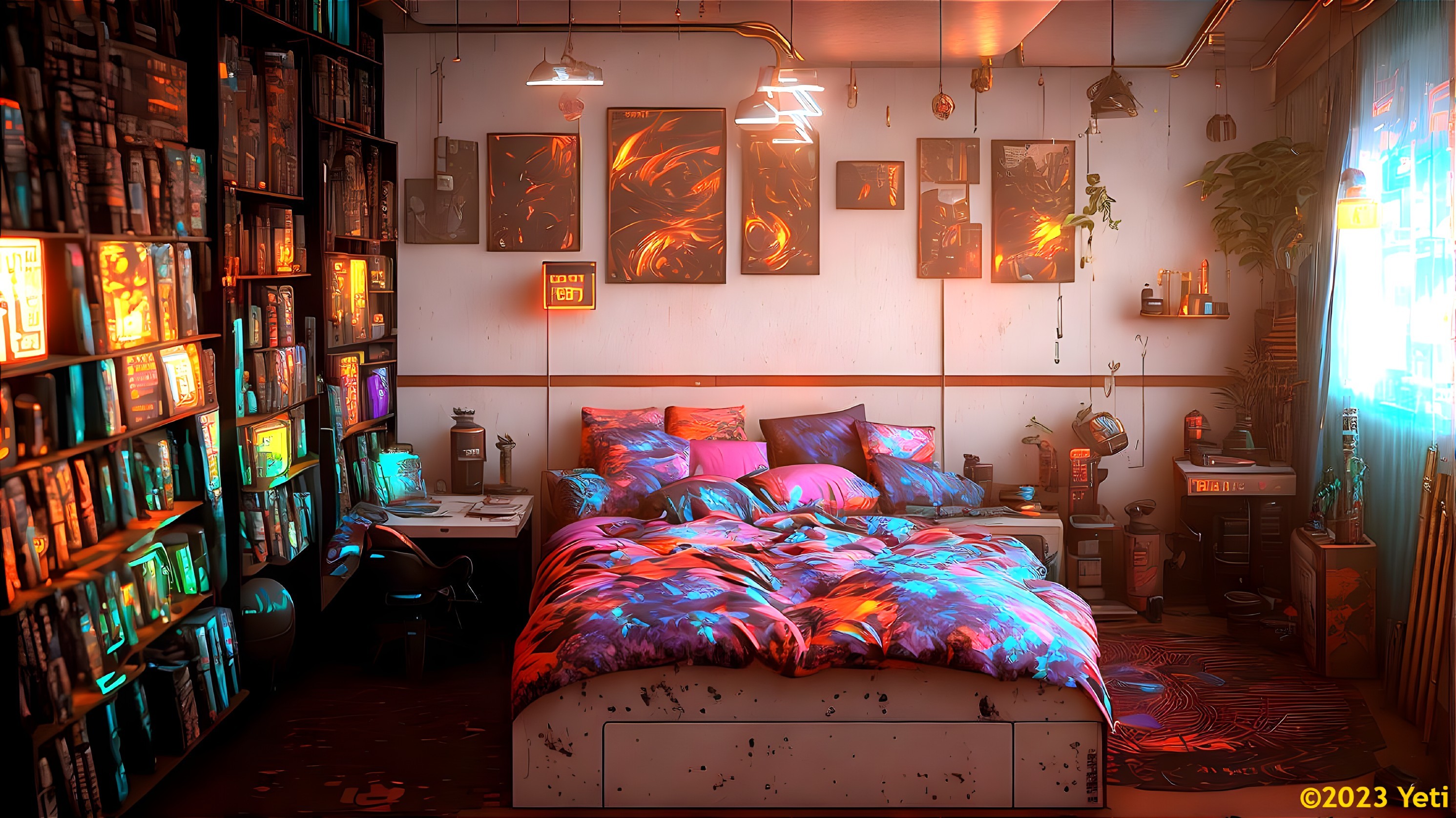 Colorful bookshelves, orange lights, retro-futuristic decor, and cozy bed with blanket