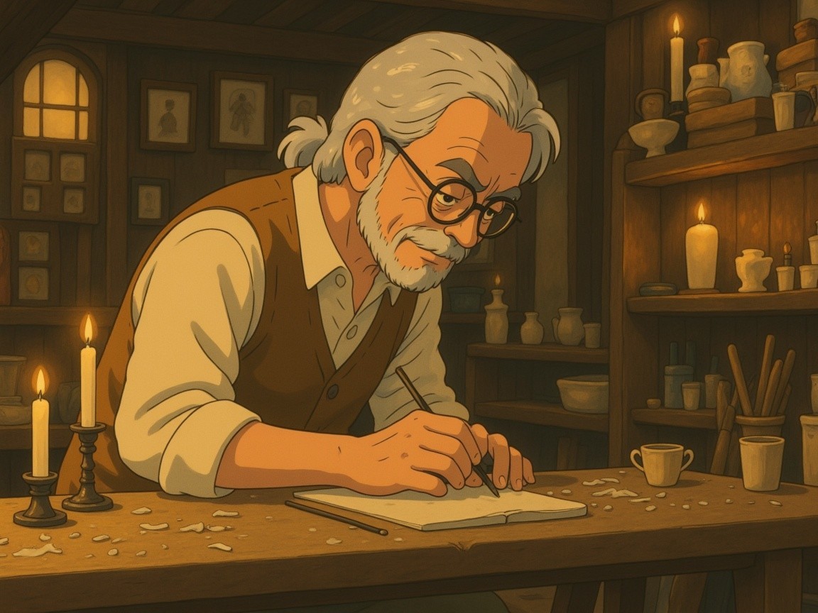 Elderly Man Writing in Cozy Workshop with Pottery