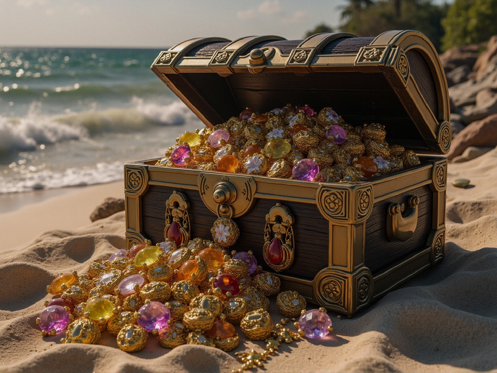 Treasure Chest Overflowing with Jewels on Beach