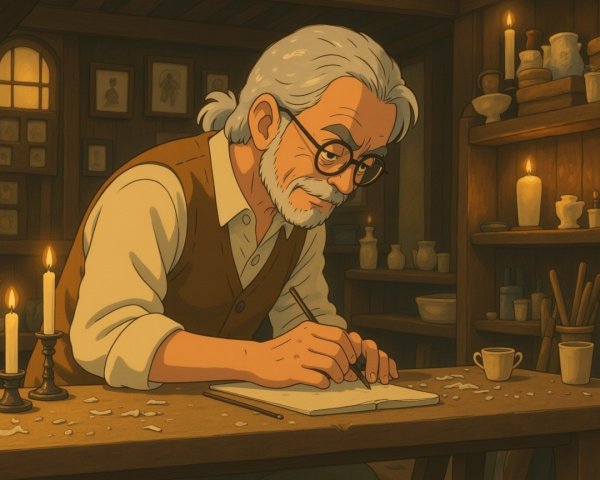 Elderly Man Writing in Cozy Workshop with Pottery