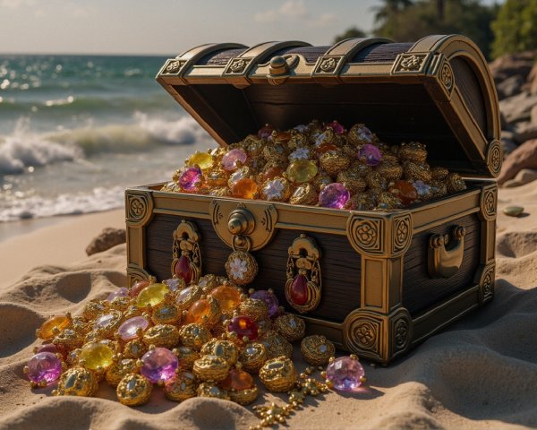 Treasure Chest Overflowing with Jewels on Beach