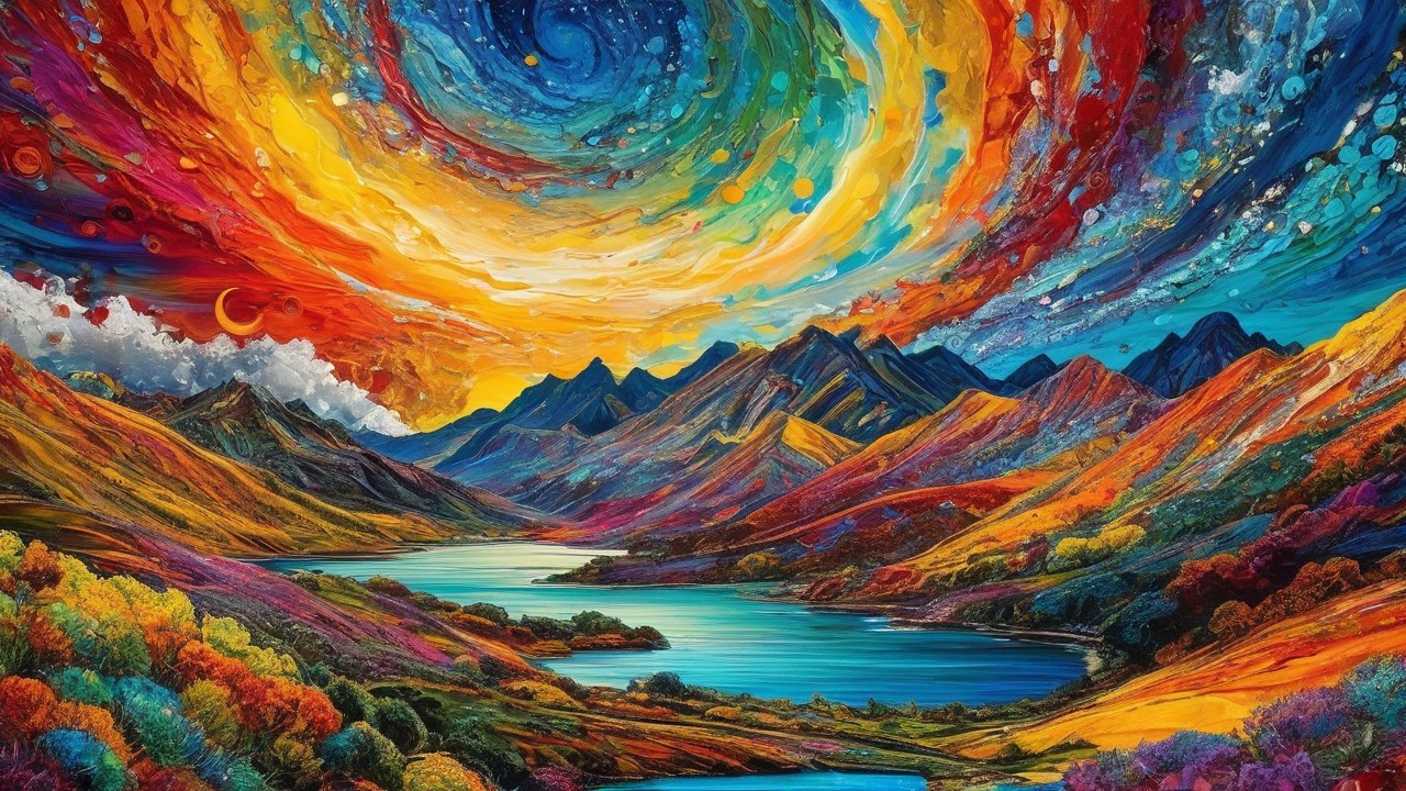 Vibrant Landscape with Swirling Colorful Sky and Lake