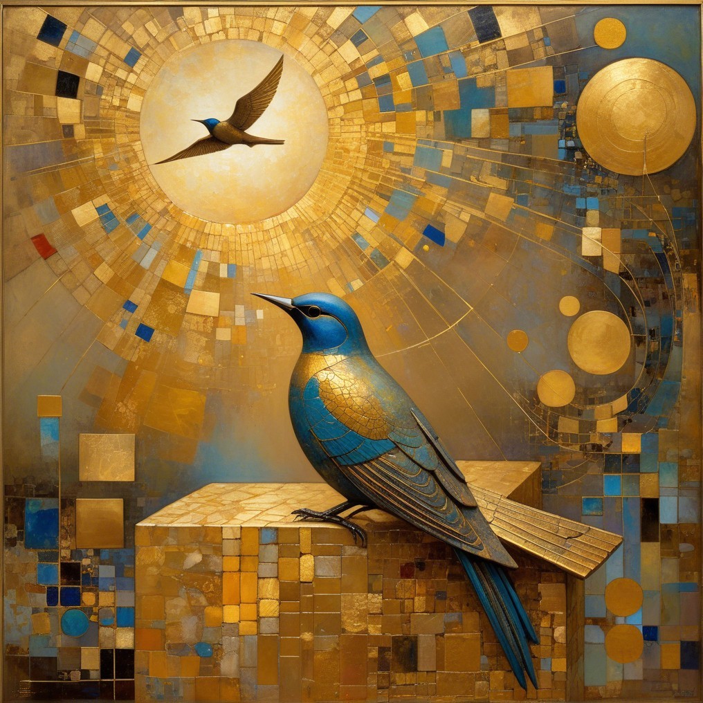 Vibrant Blue Bird on Geometric Structure with Sunlight