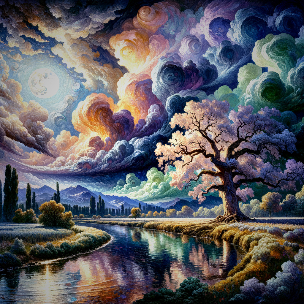 Vivid landscape painting: blossoming tree, serene river, dramatic sky