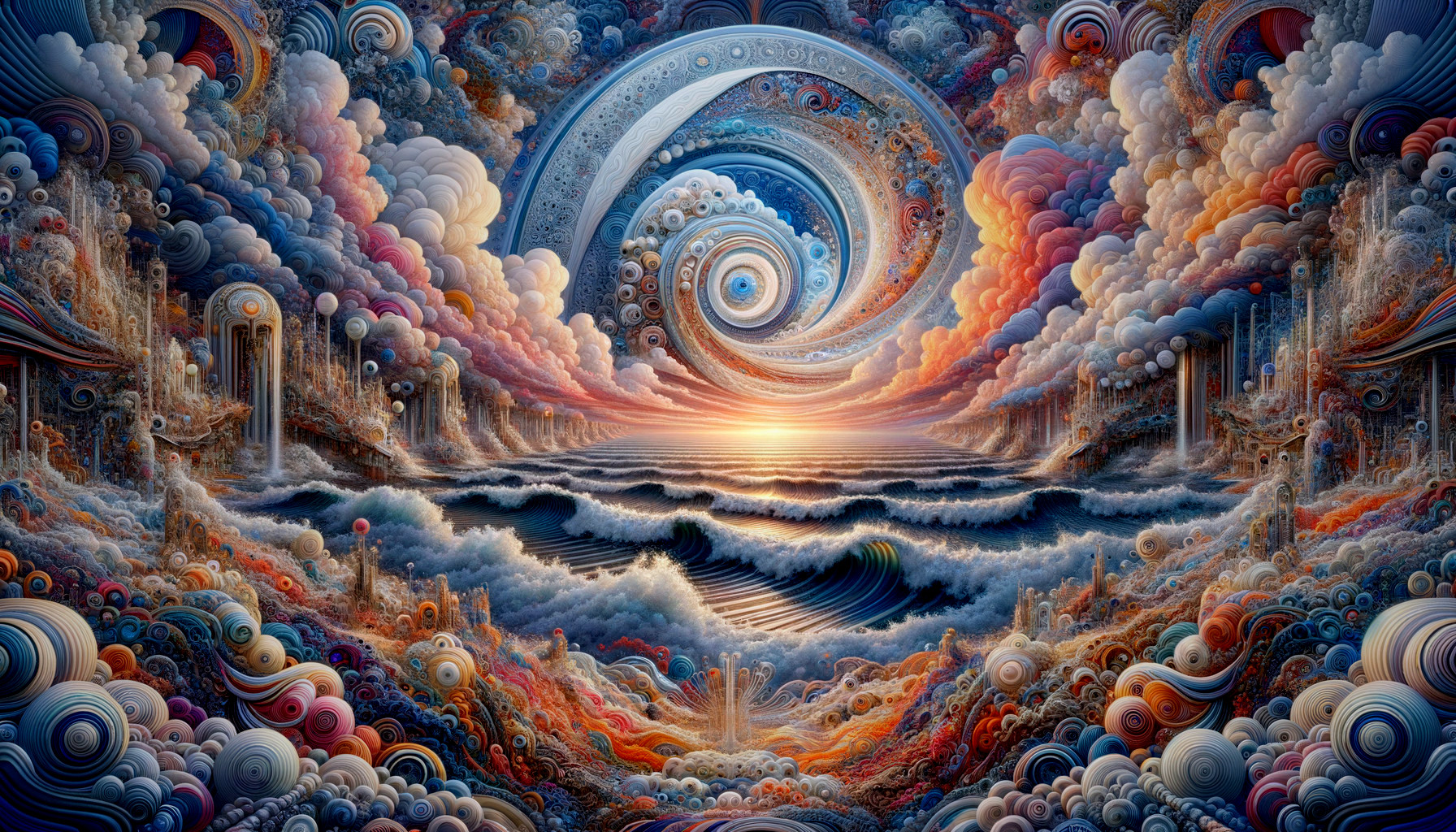 Surreal Landscape with Vibrant Sunset and Ocean Waves