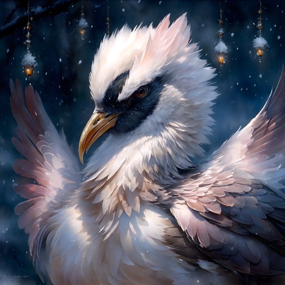 Majestic bird with white and beige feathers under snowy night sky
