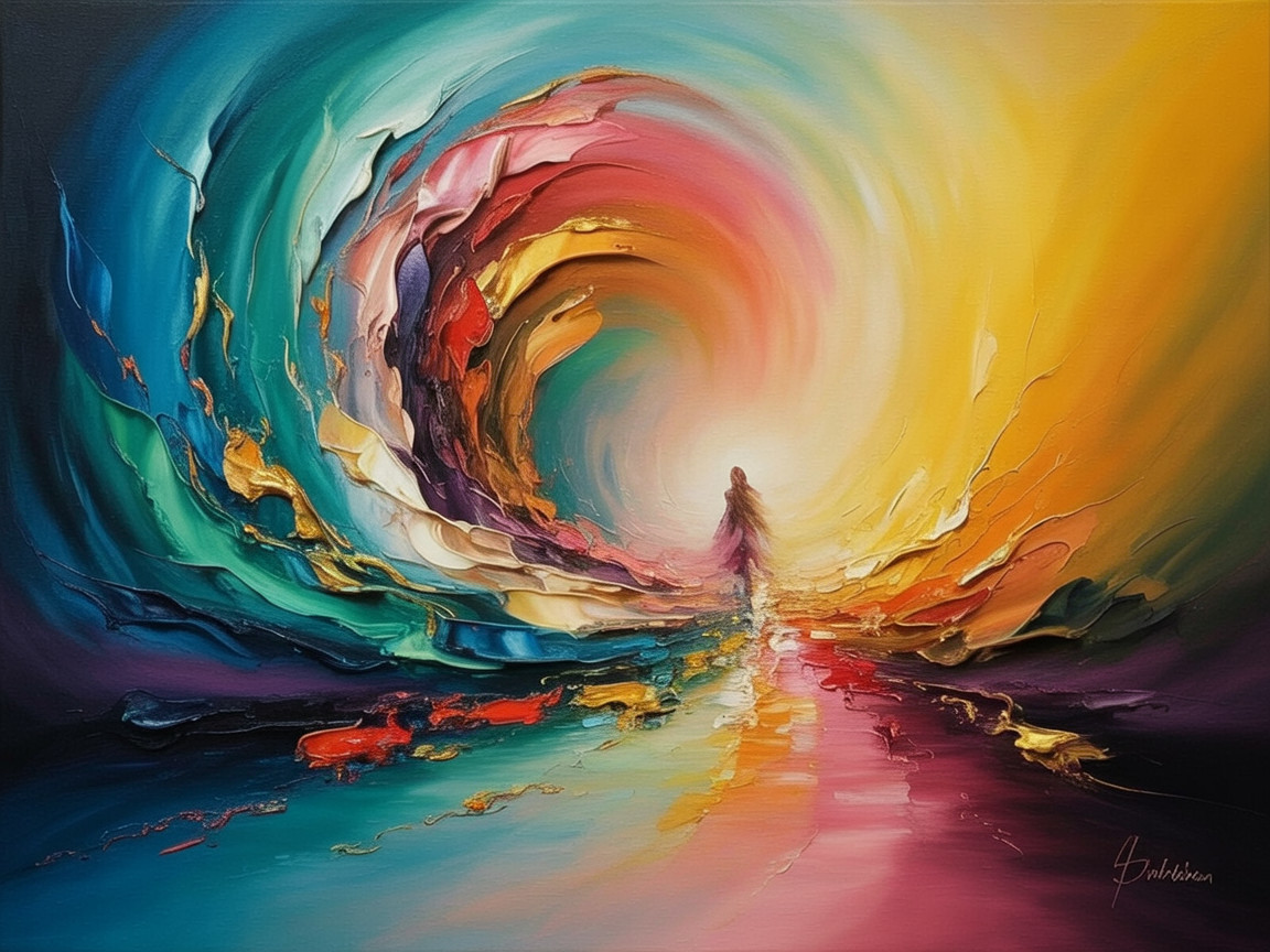 Vibrant Colorful Painting with Central Figure and Light