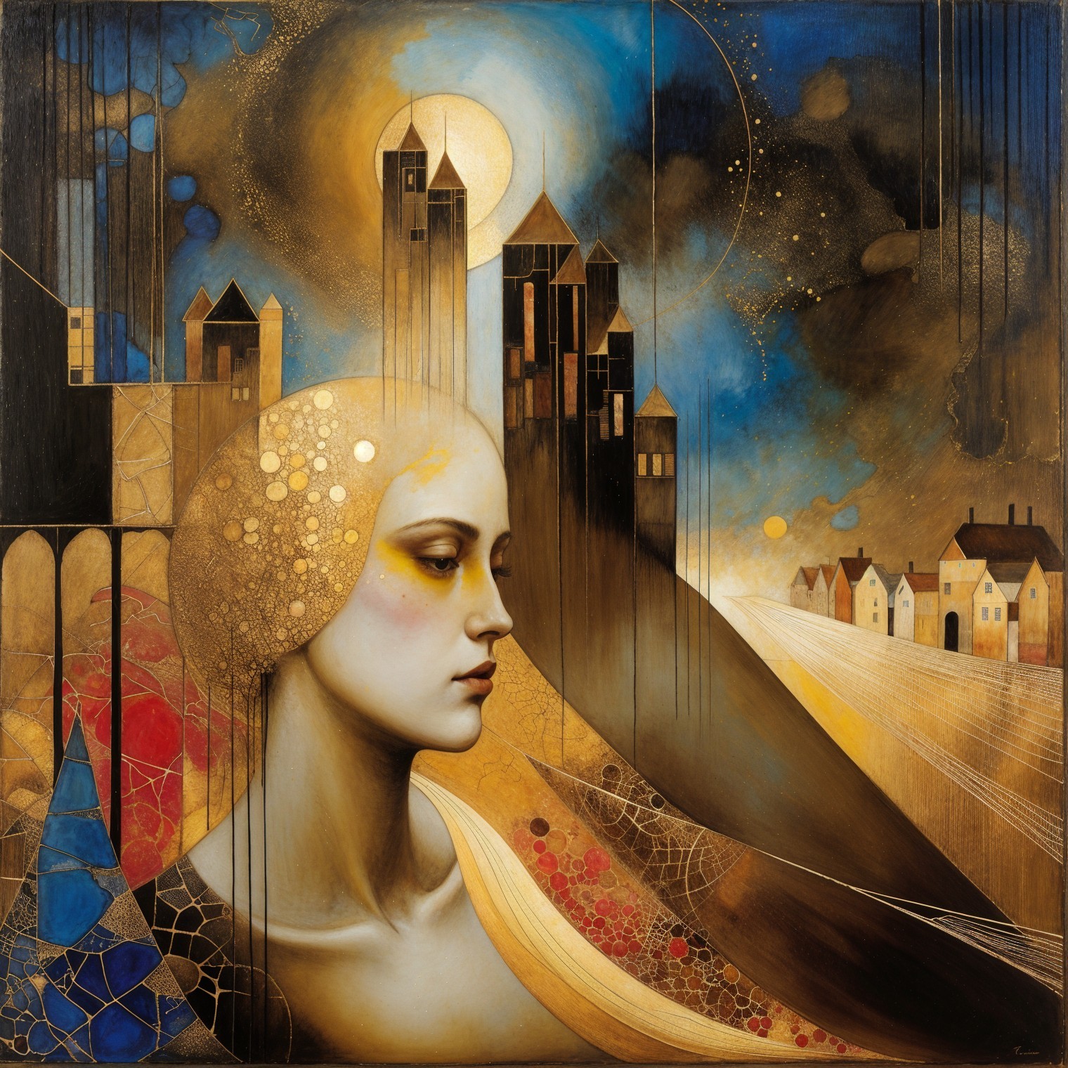 Serene Female Figure with Abstract Buildings and Moon