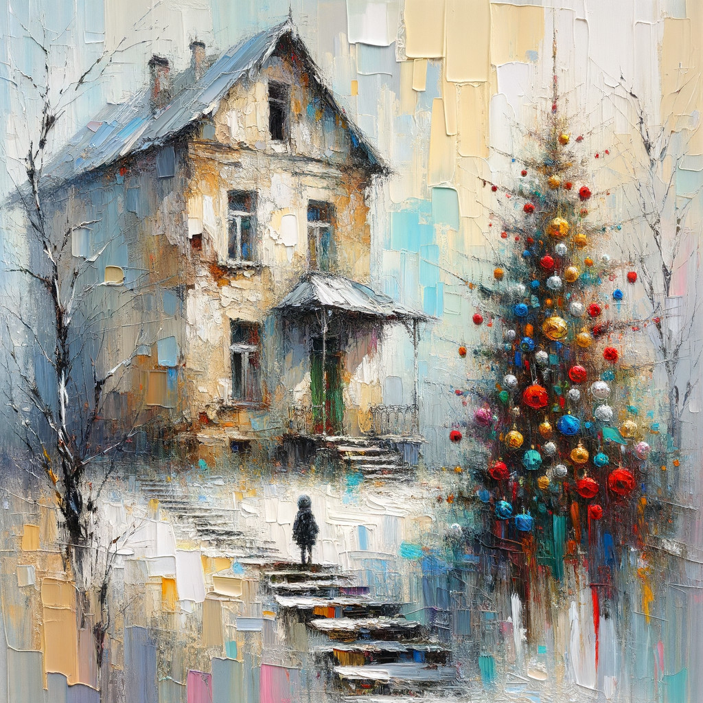 Distressed Two-Story House in Snowy Landscape Scene