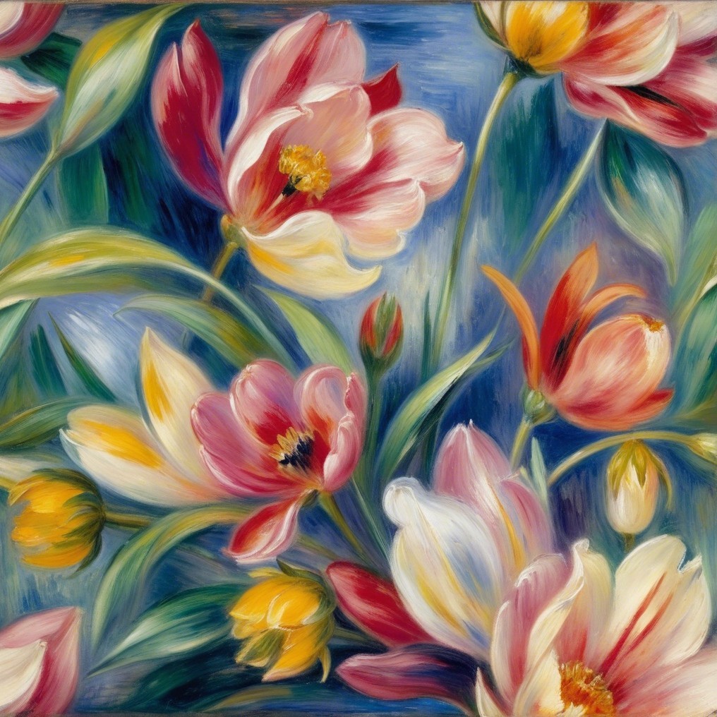 Vibrant Canvas of Blooming Tulips on Blue Background