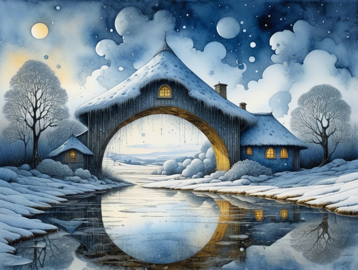Winter Watercolor Scene with Moon and Cottage