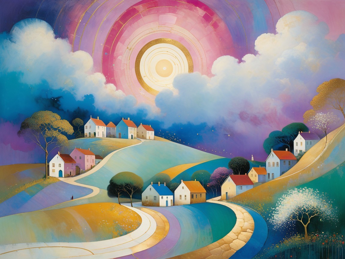 Vibrant Landscape with Rolling Hills and Quaint Houses