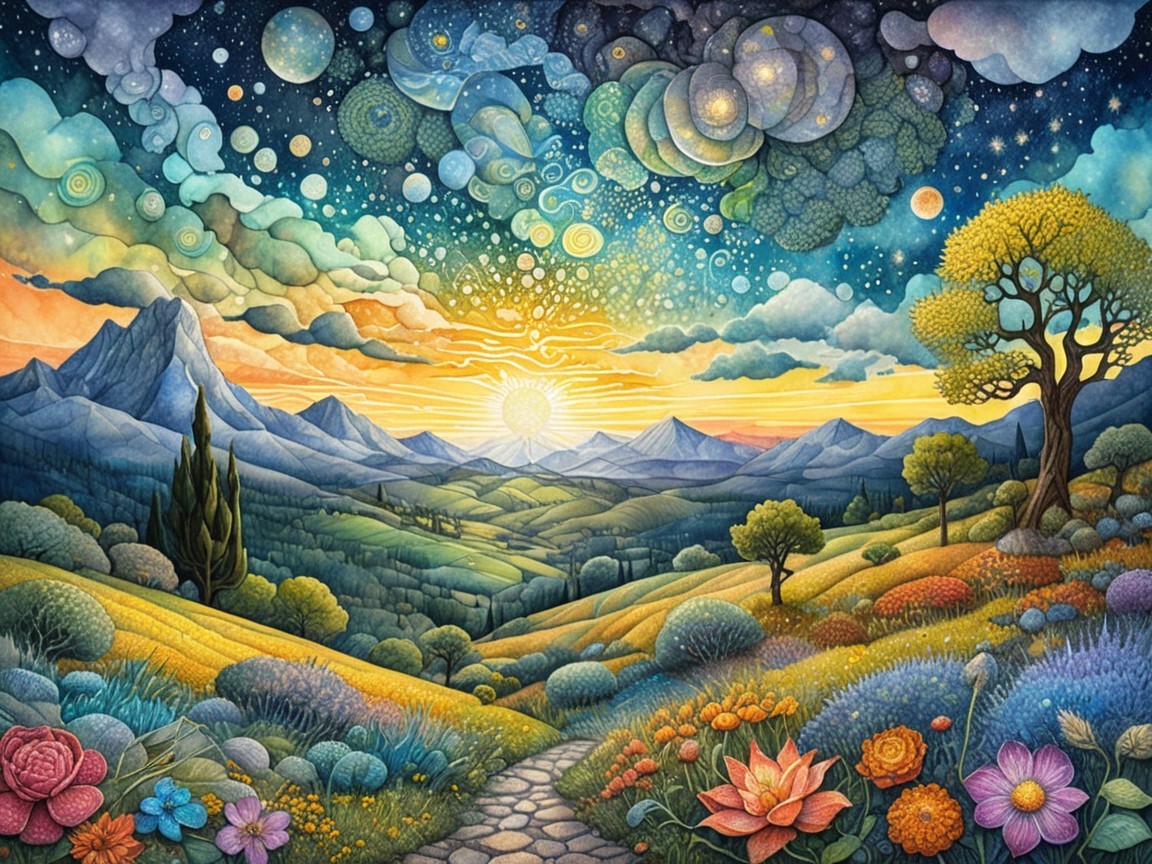 Vibrant Landscape with Rolling Hills and Cosmic Sky