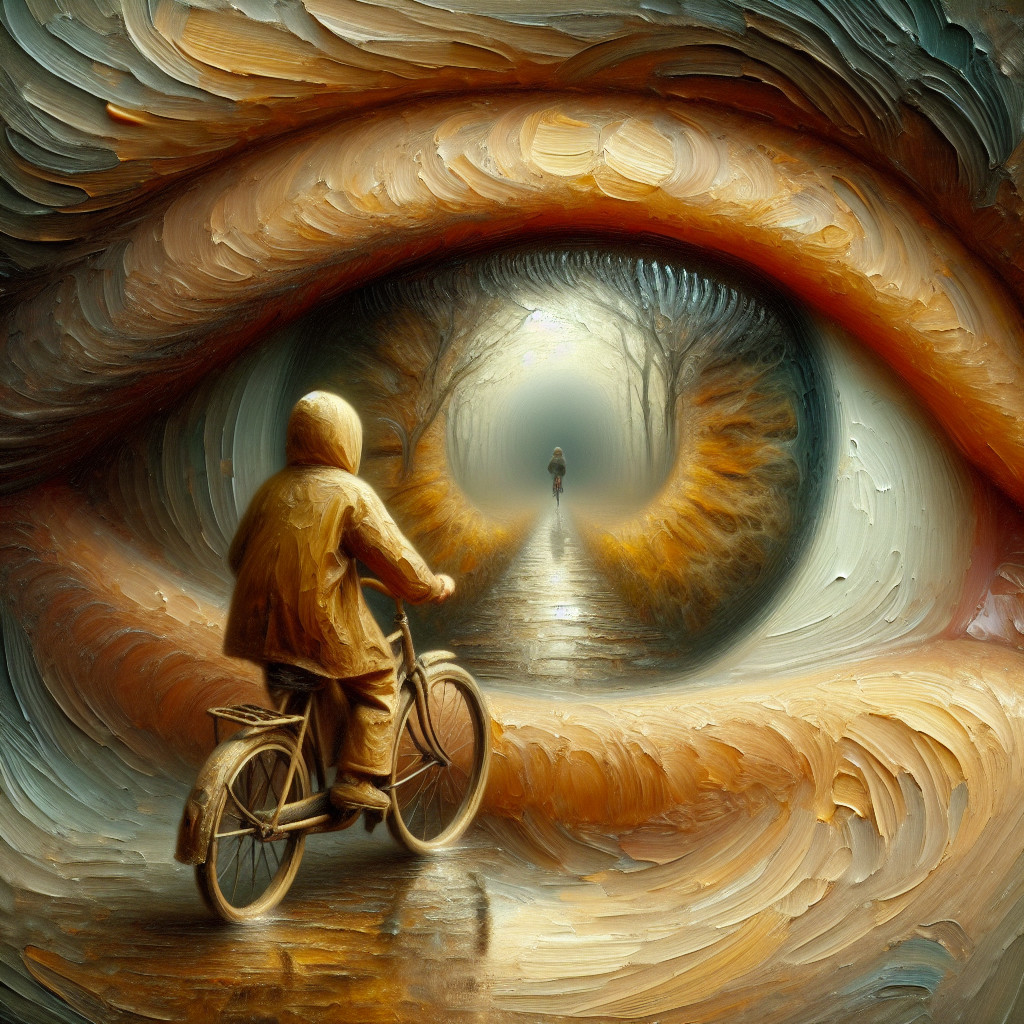 Giant Eye Over Cyclist in Foggy Serene Landscape