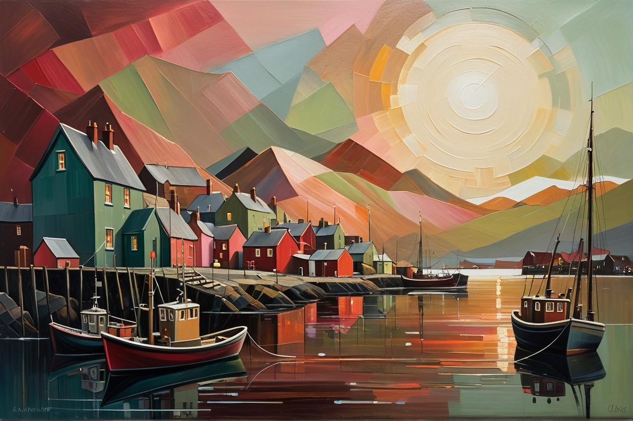 Vibrant Harbor Scene with Colorful Houses and Mountains