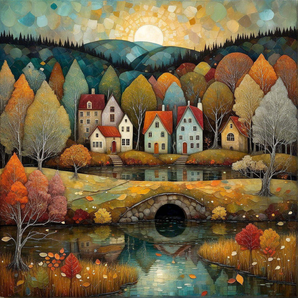 Serene Autumn Landscape with Village and Stream