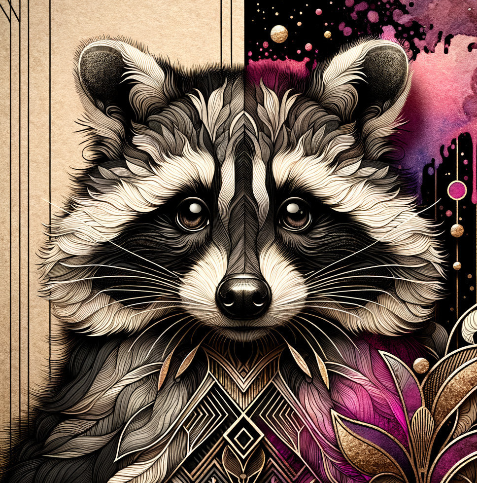 Illustrated Raccoon with Geometric and Botanical Elements