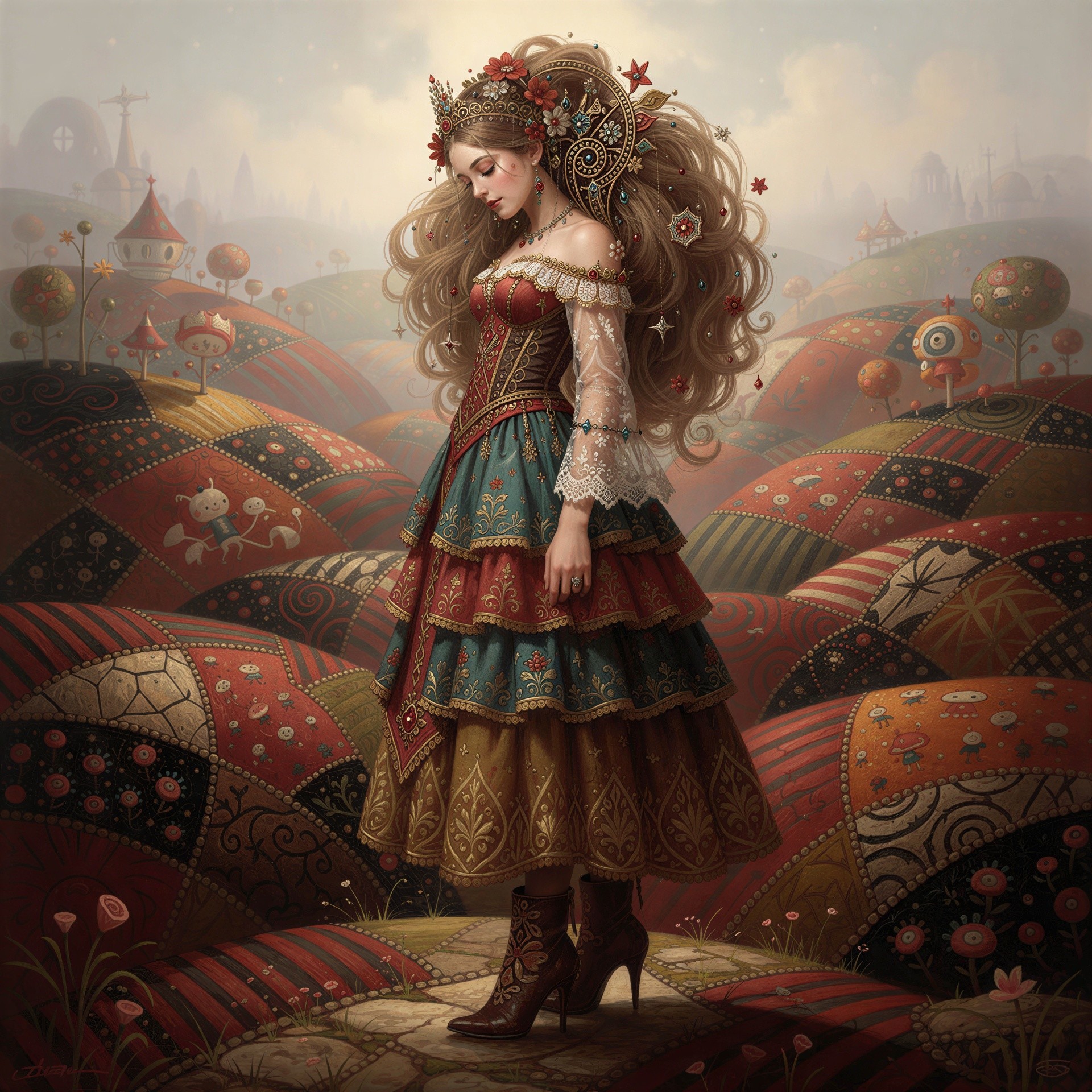 Fantasy Painting of a Melancholy Woman in a Whimsical Landscape