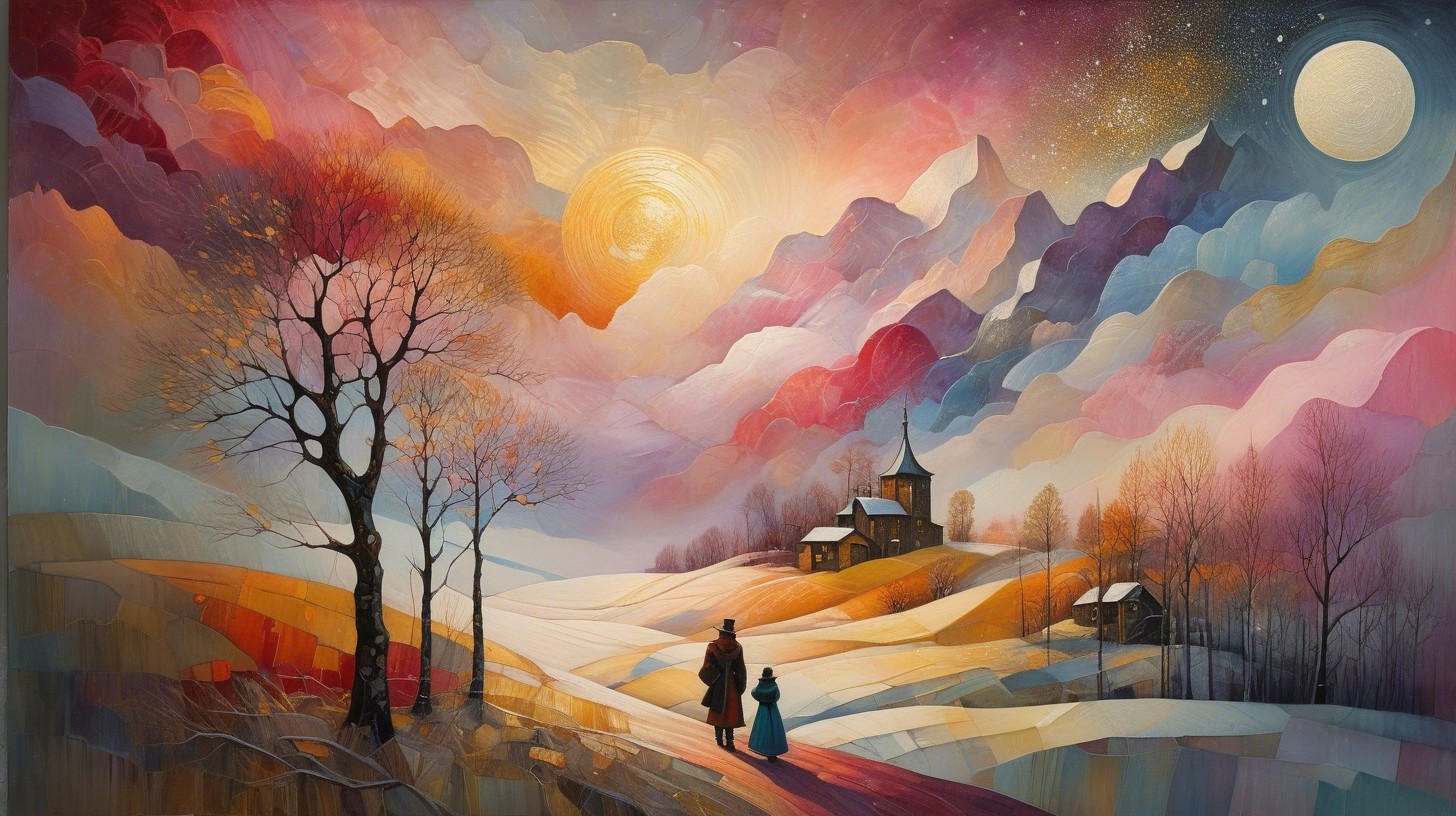 Abstract Painting of Man and Child in Winter Landscape