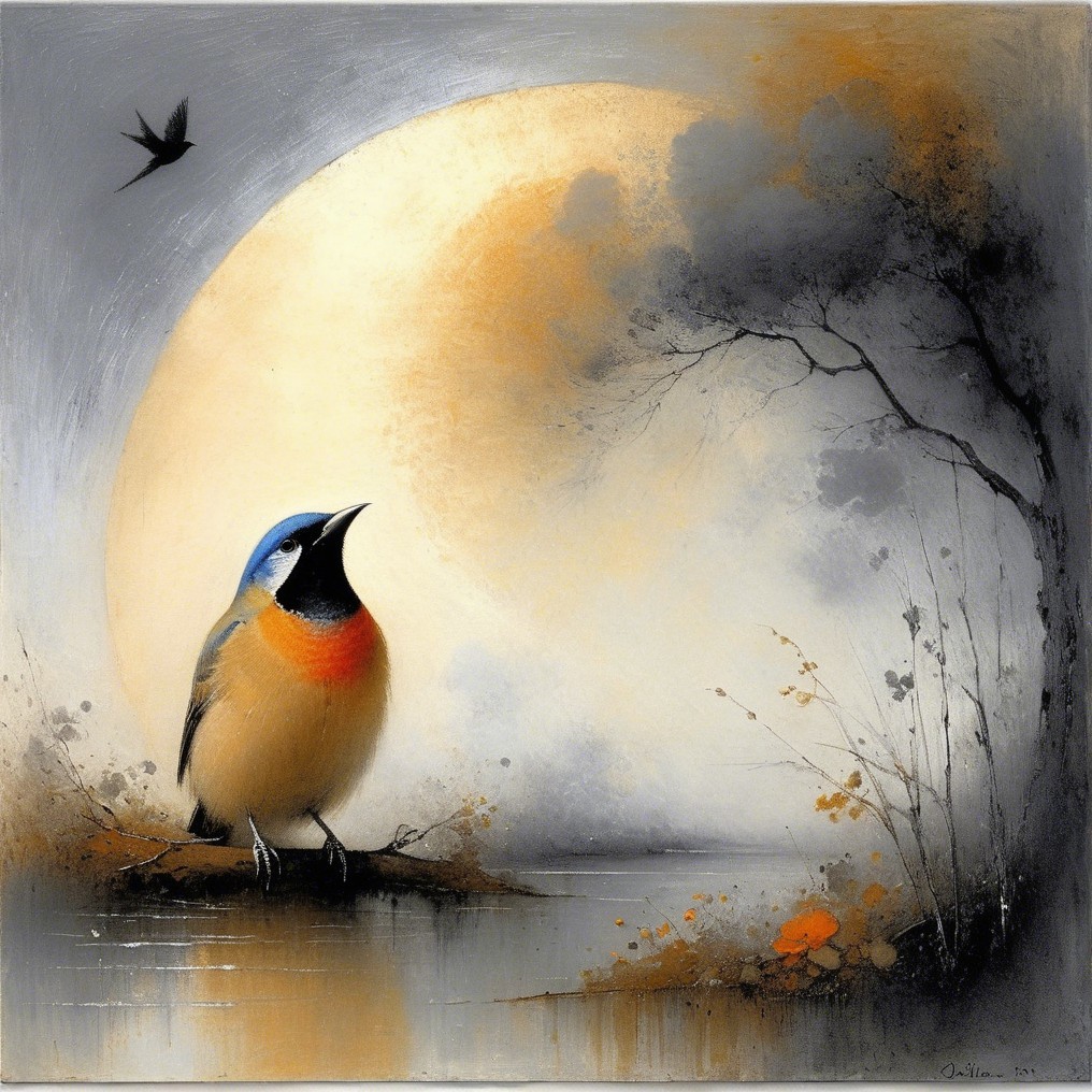 Colorful Bird by Calm Water Under Glowing Moon